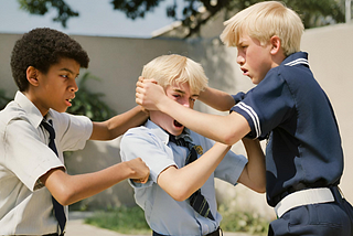 Three teenage boys in school uniforms fighting.