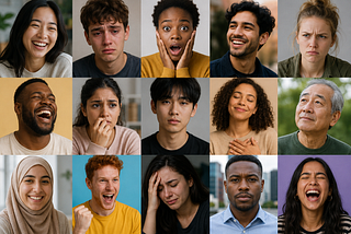 A collage of different people of different genders, ethnicities, and ages each expressing a different emotion.