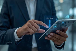 Business professional using a tablet with digital growth and app interface icons, representing custom mobile app development for modern business growth and digital transformation.