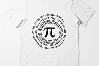 Pi shirt in white with a black spiral text, also offered in various base colors.