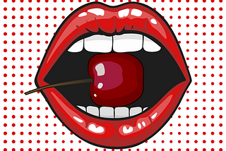 Illustration of a lipsticked mouth holding a cherry between its front teeth; the background is a grid of small red dots.