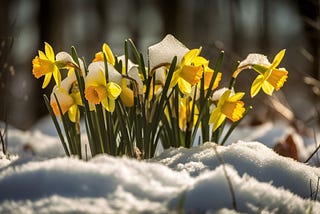 A bunch of bright yellow Daffodils burst through the snow. The sky is a muted dark gray. The Daffodils are confused about the season.