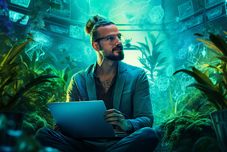 a man sitting in the middle of a green house with a laptop on his lap