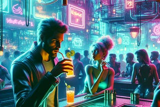 Guy drinking at a cyber punk bar
