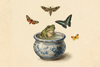 Frog in a pot surrounded by butterflies