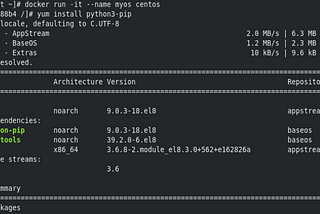 Pulling docker container image of CentOS and installing python on top of docker container
