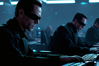 The image depicts a dark, futuristic setting with three men seated at computer stations, illuminated by the soft blue light of their screens. Each man is dressed in a dark suit and sunglasses, giving them a uniform, mysterious appearance. They are focused intently on their tasks, typing on keyboards in a room that suggests a high-tech, surveillance or command center environment. The overall atmosphere is tense and focused, evoking a sense of urgency and secrecy.