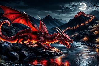 Red dragon by a river at night