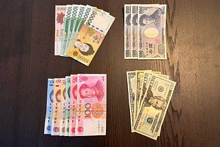 KRW (South Korean Won), JPY (Japanese Yen), CNY (Chinese Yuan), USD (US Dollar)