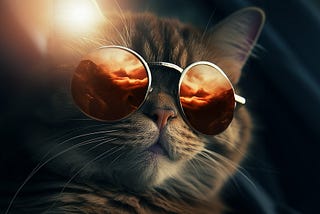 A close up headshot of a ginger cat wearing mirrored sunglasses. It’s in a car, and its sunglasses reflect the dark orange clouds of a sunset.