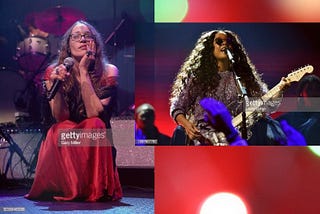 Fiona Apple holds her face with hand while sitting down, during a performance. H.E.R performing with vocals and guitar.