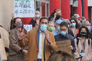 Jenny Low (right) shows up uninvited at Christophor Marte’s (center) press conference about the Chinatown Working Group plan on Canal Street, Manhattan, April 2021.