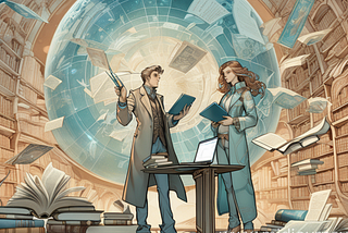 illustration of a man and woman in a futuristic library, holding books and talking
