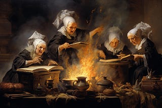 Four 16th century women studying their books, while cooking over a fire.