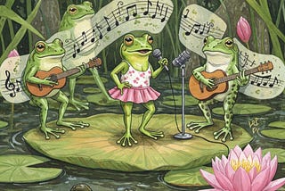 Fictional frog quartet performing upon a lily pad stage.