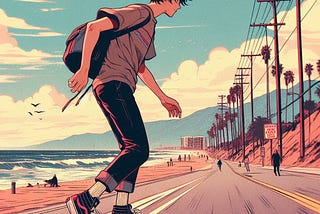 A skater by the beach. He is wearing a t-shirt, rolled up jeans and a pair of Vans