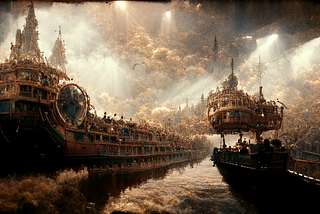2 vikings boats in the tempest, steampunk style, AIART
