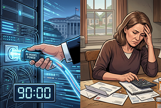 Split screen showing a server being unplugged and a woman stressed over medical bills. Image generated with Gemini