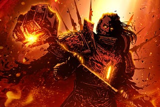 Image: A bearded man in armor haloed in long, dangerous-looking spikes and holding a massive molten metal hammer.