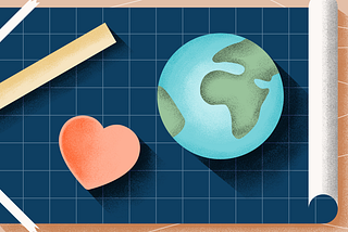 A globe and a heart on a blueprint