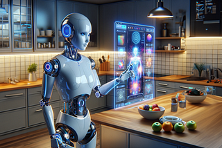 A futuristic humanoid robot with a sleek, metallic design is standing in a modern kitchen, interacting with a holographic interface that displays various colorful data visualizations. The robot’s blue head highlights and articulated fingers suggest advanced technology at work within a domestic setting. AI image created in Dall-e 3