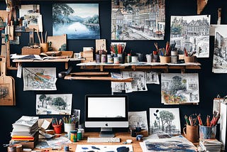 An artist’s office with hand-drawn pictures on the walls, a computer on the desk, cups with pencils on the desk, and various art supplies on a shelf