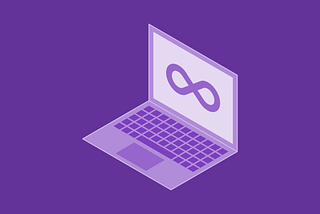 A purple open laptop showing the infinity symbol on the screen. Digital isometric illustration by Xurxe Toivo García.