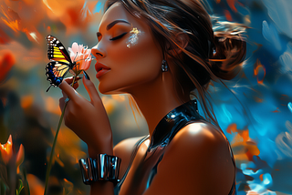 Woman holding a flower while a butterfly rests on it, enjoying the peaceful moment.