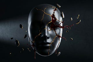 A flawless black mask cracking apart in mid-air, gold light and deep red pressure bleeding through the fractures, representing high-functioning composure breaking under hidden structural strain.
