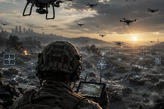 IMAGE: A soldier uses a tablet to coordinate multiple drones over a devastated battlefield, with network overlays suggesting the new algorithmic logic of war
