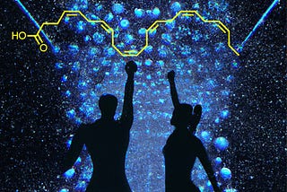 Healthy couple surrounded by fatty molecules