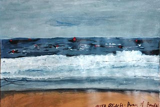 A painting of a beach scene with dark blue waves, white foam, and a sandy shore. Several small red dots appear in the water, possibly fishing buoys. The image is titled “Gaster Beach — Bay of Bengal, Evening of 12/10/15” at the bottom.