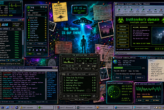 A retro Windows 2000-style desktop collage themed around UFO investigations, with AIM, ICQ, IRC, Netscape, Winamp, download windows, case-file folders, glowing green system panels, and a central wallpaper showing a UFO beam over a forest with the text “The Truth Is Out There.”