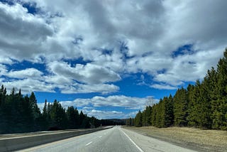 an empty highway in Canada: blue sky with white clouds and on both sides pine trees