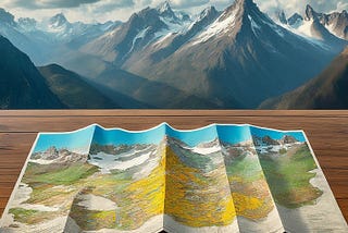 A detailed hiking map spread open with a marked route. In the background, a majestic mountain range partially obscured by clouds.