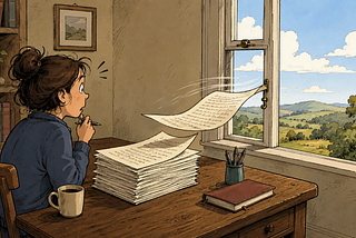 A writer watches as a single page lifts from a neatly stacked manuscript and blows out through a slightly open window, illustrating how a brief window of vulnerability can put valuable work at risk.