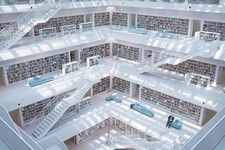A photo of a library that illustrates system and the habitual behaviour of reading and acquiring knowledge.