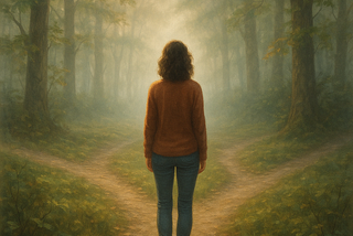 Woman who is self aware and in standing in forest amongst tree’s