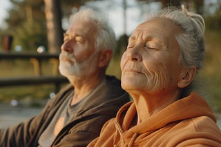 Two people with white hair tip their faces to the sky with their eyes closed.