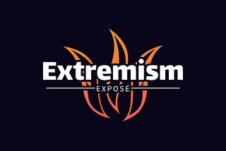The logo features the text “Extremism Exposé” prominently in the center. The word “Extremism” is in bold white letters, with “Exposé” in smaller white letters below it, separated by a horizontal line. Behind the text are stylized orange and red flames, suggesting the fiery nature of the topic. The background is dark, creating a strong contrast that makes the text and flames stand out vividly.
