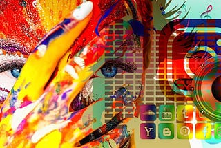 Colorful image of a woman holding her hand in front of her face, with app icons floating nearby