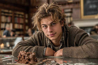 A Brown University Student is grinning above a half eaten chocolate cake.