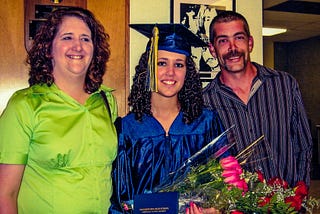 Author, in blue cap and gown, holds her diploma and several bouquets of flowers standing between her proud, smiling mother and father.