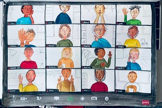 A drawing on paper. Illustrates a Zoom call with 16 people on the screen. Everyone is well lit and well-framed, so they can see each other clearly. They are making gestures in British Sign Language.