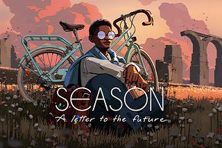 an artistic rendering of a woman sitting in a field next to a bike, the logo reads Season, A letter to the future