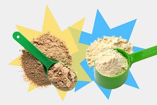 Two scoops of protein. One is chocolate in a flat spoon and the other is vanilla in a scoop.
