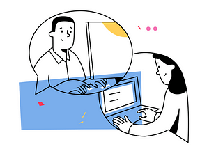 A minimalist illustration depicts a man and a woman interacting through a circular frame, symbolizing an online interface. The man, on the left, looks at a computer, his hands on the keyboard. The woman, on the right, types on a laptop. Between them is a dividing line, evoking a digital divide. The background has abstract shapes, emphasizing the digital theme. The image conveys online collaboration or communication.