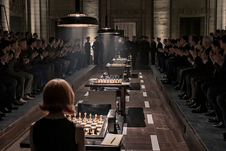 Beth de The Queen’s observa todos los tableros de ajedrez que están alineados uno tras otro.