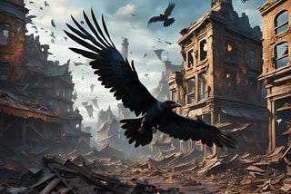 A crow flying through a destroyed town