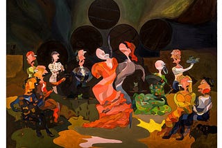 An oil painting by the artist ‘alblorca’, depicting flamenco dancers in a traditional Andalusian ‘tablao’ performance venue in Spain.